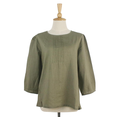 Sage Green Pintuck Pullover Cotton Blouse with Button - Sage Garden ...