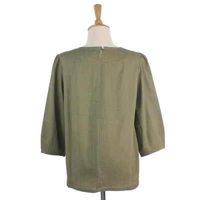 Cotton blouse, 'Sage Garden' - Sage Green Pintuck Pullover Cotton Blouse with Button