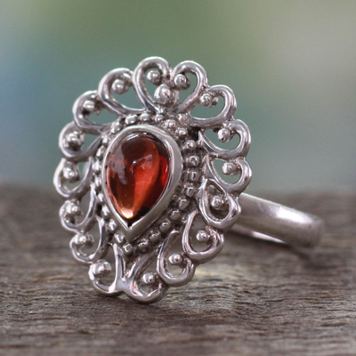 Garnet ring, 'Passion's Truth' - Hand Crafted Indian Ring in Garnet and Sterling Silver