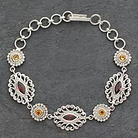 Garnet and citrine link bracelet, 'Andaman Fern Forest' - Ornate Silver Jali Bracelet with Faceted Garnets and Citrine