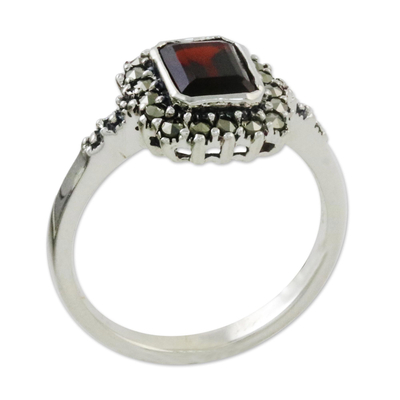 Garnet and marcasite cocktail ring, 'Joyous Solitude' - Garnet and Marcasite Sterling Silver Ring from Thailand