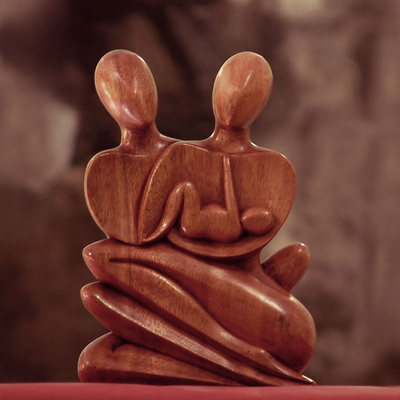 Wood statuette, 'Family Love' - Unique Wood Sculpture from Indonesia