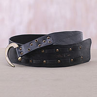 Leather belt, 'Iron Edge' - Black Iron Studded Leather Belt with Contemporary Hook
