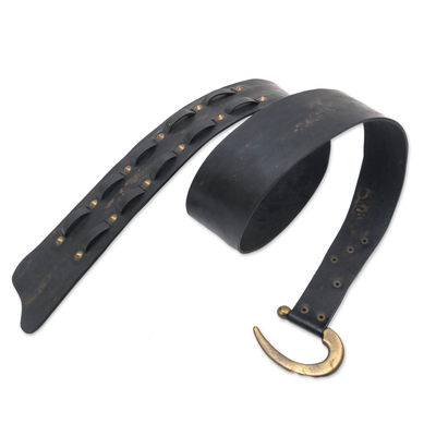Leather belt, 'Iron Edge' - Black Iron Studded Leather Belt with Contemporary Hook