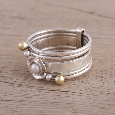 Cultured pearl meditation spinner ring, 'Luminous Floral' - Cultured Pearl and Sterling Silver Meditation Spinner Ring