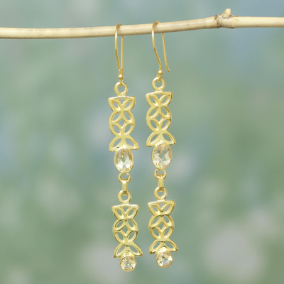 Gold vermeil citrine dangle earrings, 'Sunny Ribbons' - Gold Vermeil and Citrine Earrings from India Jewelry