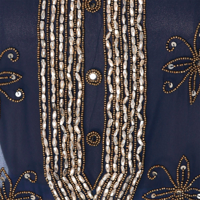 Beaded tunic, 'Sheer Dazzle in Navy' - Hand Embroidered Beaded Navy Semi-Sheer Long Sleeve Tunic