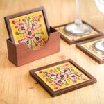 Painted glass coasters, 'Blushing Blooms' (set of 4) - Four Hand Painted Glass Coasters and Holder