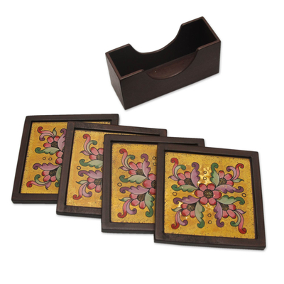 Painted glass coasters, 'Blushing Blooms' (set of 4) - Four Hand Painted Glass Coasters and Holder