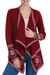 100% alpaca cardigan, 'Crimson Twilight Stars' - Red Alpaca Wool Cardigan with White Glyph Stars from Peru thumbail