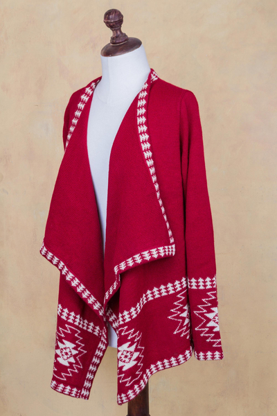 100% alpaca cardigan, 'Crimson Twilight Stars' - Red Alpaca Wool Cardigan with White Glyph Stars from Peru