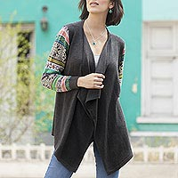 Cotton blend cardigan, 'Grey Southern Star' - Solid Grey Open Cardigan with Multicolor Patterned Sleeves