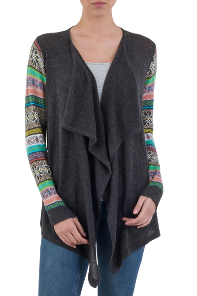 Solid Grey Open Cardigan with Multicolor Patterned Sleeves