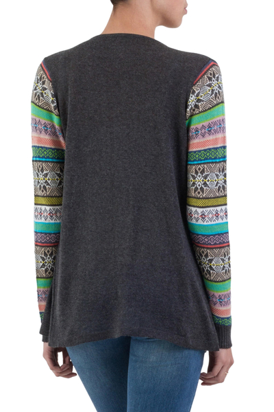 Cotton blend cardigan, 'Grey Southern Star' - Solid Grey Open Cardigan with Multicolor Patterned Sleeves