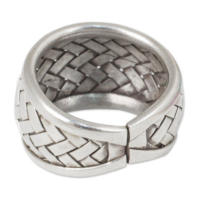 Silver band ring, 'Weaving Fantasies' - Modern Silver Band Ring with Woven Textures Crafted by Hand