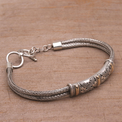 Gold accent braided bracelet, 'Balinese Garden' - Handmade Sterling Silver and 18k Gold Bracelet