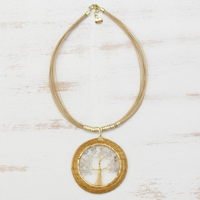 Collar llamativo de cuarzo chapado en oro y hierba dorada - Collar llamativo circular con árbol de cuarzo y hierba dorada