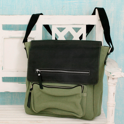 Leather accent cotton messenger bag, 'Green Pockets Aplenty' - India Green Leather and Canvas Messenger Bag with 8 Pockets