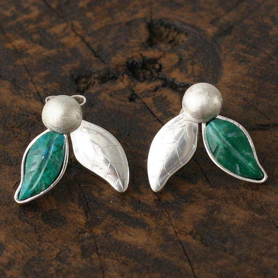 Chrysocolla button earrings, 'Petal Play' - Chrysocolla and Silver Button Earrings