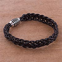 Men's braided leather wristband bracelet, 'Bold Braid'