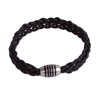 Men's braided leather wristband bracelet, 'Bold Braid' - Men's Braided Black Leather Wristband Bracelet from Peru