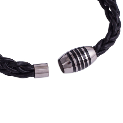Men's braided leather wristband bracelet, 'Bold Braid' - Men's Braided Black Leather Wristband Bracelet from Peru