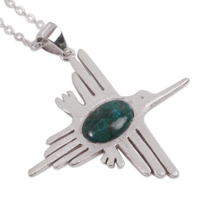 Chrysocolla pendant necklace, 'Hummingbird' - Nazca Design Silver 950 and Chrysocolla Pendant Necklace