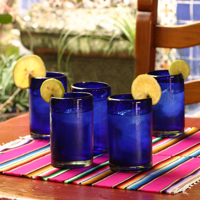 Blown glass drinking glasses, 'Pure Cobalt' (set of 5) - Handblown Glass Recycled Blue Tumblers Drinkware (Set of 5)