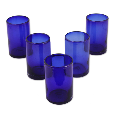 Blown glass drinking glasses, 'Pure Cobalt' (set of 5) - Handblown Glass Recycled Blue Tumblers Drinkware (Set of 5)