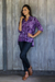 Rayon batik blouse, 'Purple Lily' - Hand Stamped Purple Floral Batik Rayon Shirt for Women (image 2) thumbail