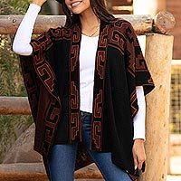 Reversible alpaca blend ruana, 'Inca Afternoon in Black' - Mahogany and Black Alpaca Blend Ruana from Peru