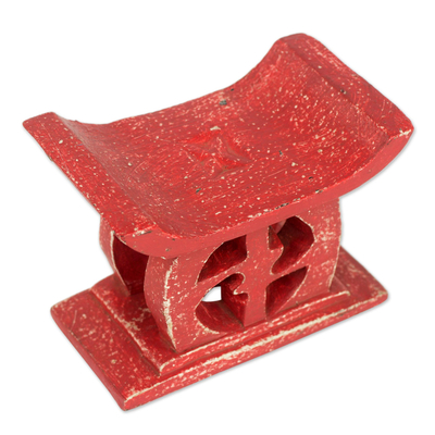 Wood decorative stool, 'Adrinka in Red' - Hand Carved Red Sese Wood Decorative Stool from Ghana