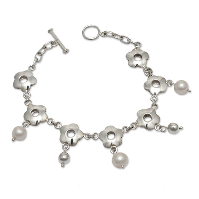 Cultured pearl charm bracelet, 'Flower Shower' - Handcrafted Silver Floral Bracelet with Cultured Pearls
