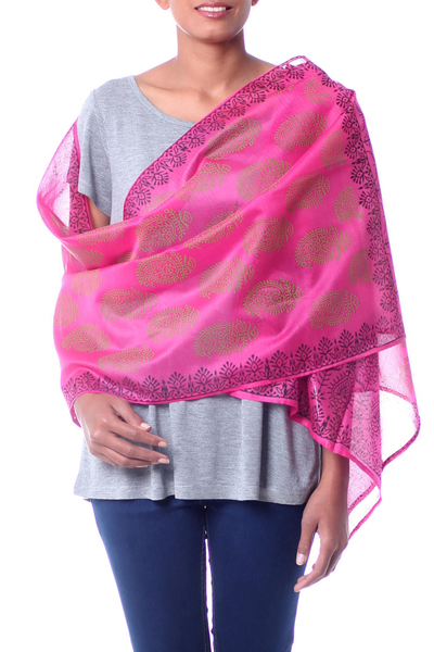 Cotton and silk shawl, 'Festive Diwali' - Hand Loomed Wrap Floral Silk Cotton Shawl