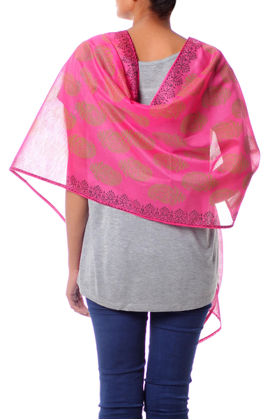 Cotton and silk shawl, 'Festive Diwali' - Hand Loomed Wrap Floral Silk Cotton Shawl