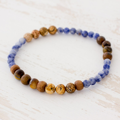 Multi-gemstone beaded stretch bracelet, 'Sky and Earth' - Tiger's Eye Sodalite and Jasper Bracelet from Guatemala