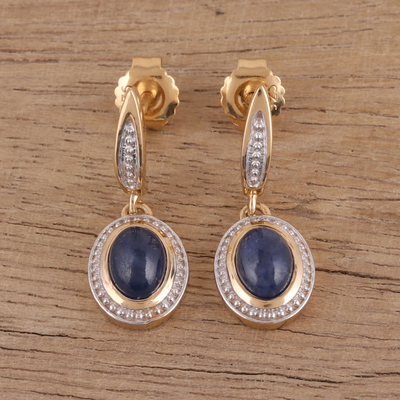 Gold plated sapphire dangle earrings,  'Antique Grace' - Handmade 14k Gold Plated Sapphire Dangle Earrings from India