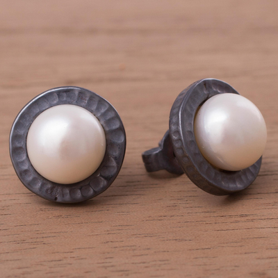 Cultured pearl button earrings, 'The Pearls of Asgard' - Peruvian Sterling Silver and Cultured Pearl Button Earrings
