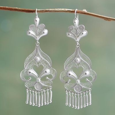 Silver chandelier earrings, 'Path of Flowers' - Artisan Crafted Fine Silver Filigree Earrings