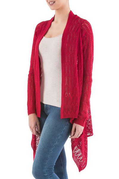 Cardigan sweater, 'Red Mirage' - Red Sidetail Cardigan Sweater from Peru