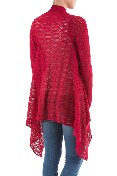 Cardigan sweater, 'Red Mirage' - Red Sidetail Cardigan Sweater from Peru