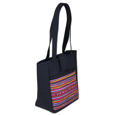 Cotton shoulder bag, 'Lisu Realm in Black' - Lisu Hill Tribe Multicolor Applique on Cotton Shoulder Bag