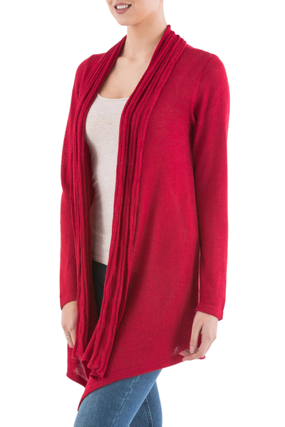 Cardigan sweater, 'Red Waterfall Dream' - Long Sleeved Red Cardigan Sweater from Peru
