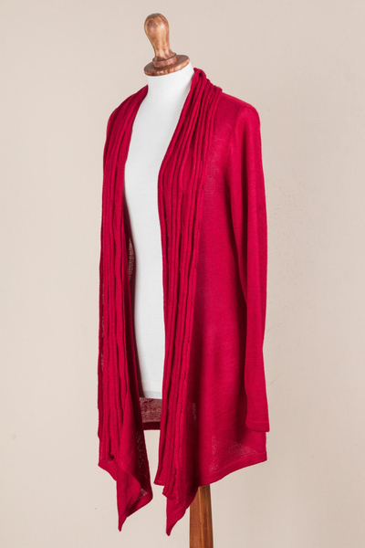 Cardigan sweater, 'Red Waterfall Dream' - Long Sleeved Red Cardigan Sweater from Peru
