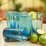 Set of 6 Aquamarine Hand Blown 15 oz Highball Glasses, 'Aquamarine Bubbles'