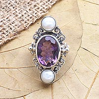 Cultured pearl and amethyst ring, 'Frangipani Queen'