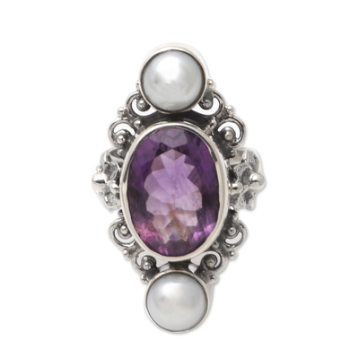 Cultured pearl and amethyst ring, 'Frangipani Queen' - Cultured pearl and amethyst ring