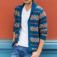 Men's 100% alpaca cardigan, 'Blue Chakana' - Men's Blue and Brown Alpaca Cardigan Sweater from Peru