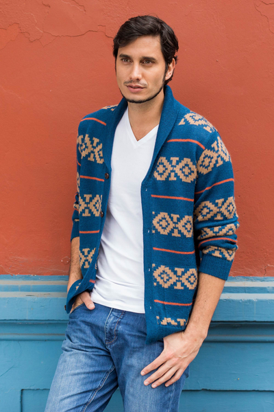 Men's 100% alpaca cardigan, 'Blue Chakana' - Men's Blue and Brown Alpaca Cardigan Sweater from Peru