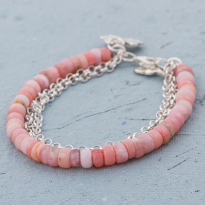 Opal beaded bracelet, 'Romantic Clover' - Clover Charm on Pink Opal Beaded Bracelet with 925 Silver